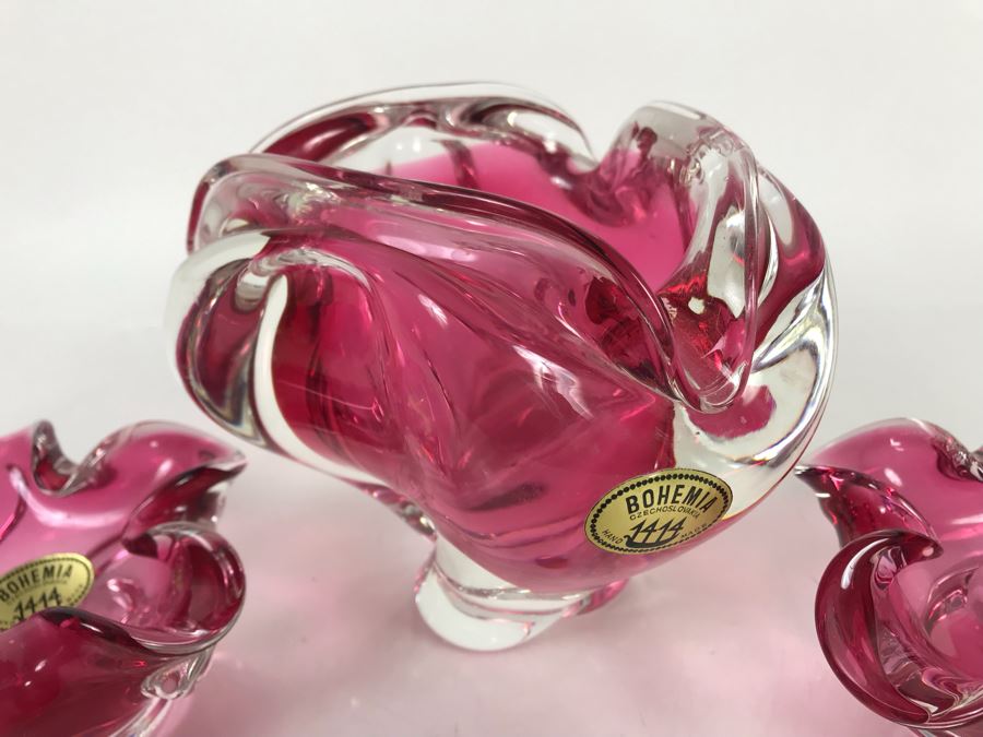 Collection Of (3) Stunning Hand Made Bohemia Czechoslovakia Blown Glass Bowls All With Original Tags Stickers Middle Glass Is 5.5H [Photo 5]