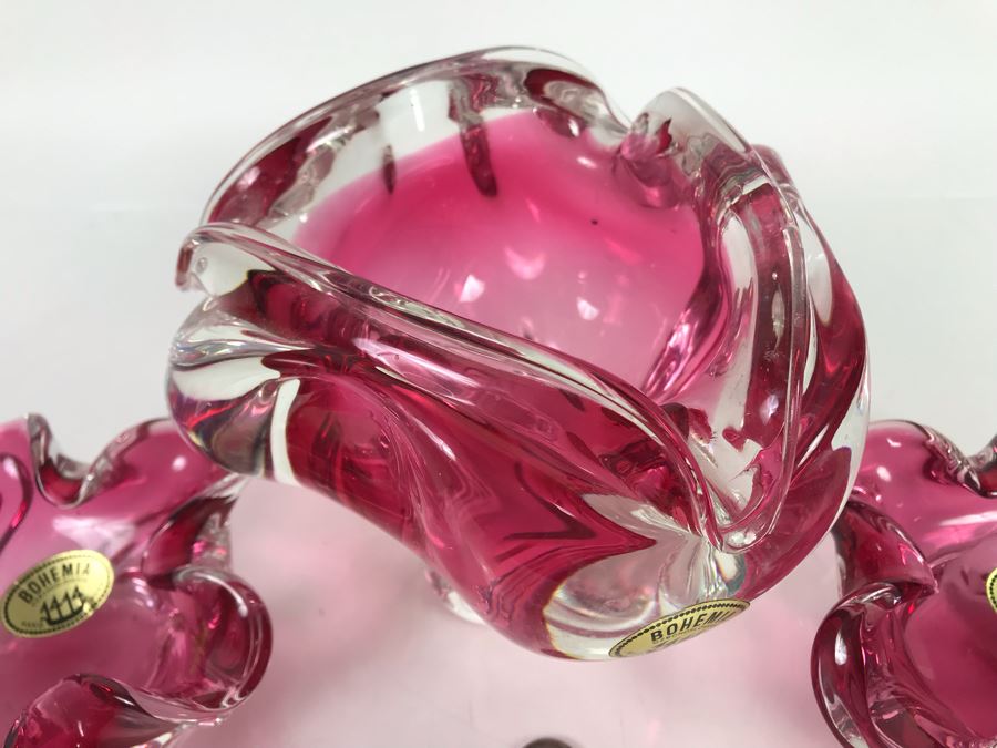 Collection Of (3) Stunning Hand Made Bohemia Czechoslovakia Blown Glass Bowls All With Original Tags Stickers Middle Glass Is 5.5H [Photo 4]