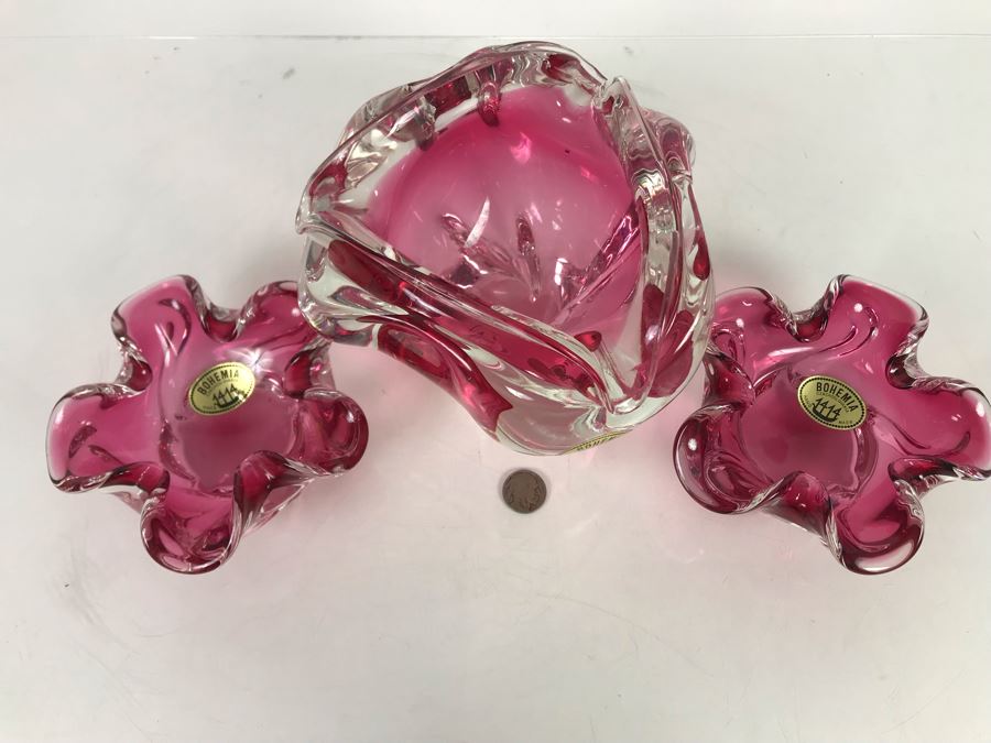 Collection Of (3) Stunning Hand Made Bohemia Czechoslovakia Blown Glass Bowls All With Original Tags Stickers Middle Glass Is 5.5H [Photo 3]