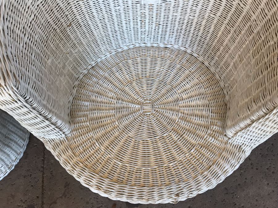 Pair Of Mid-Century White Wicker Barrel Chairs And Mushroom Table [Photo 5]