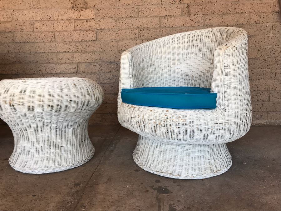 Pair Of Mid-Century White Wicker Barrel Chairs And Mushroom Table [Photo 14]