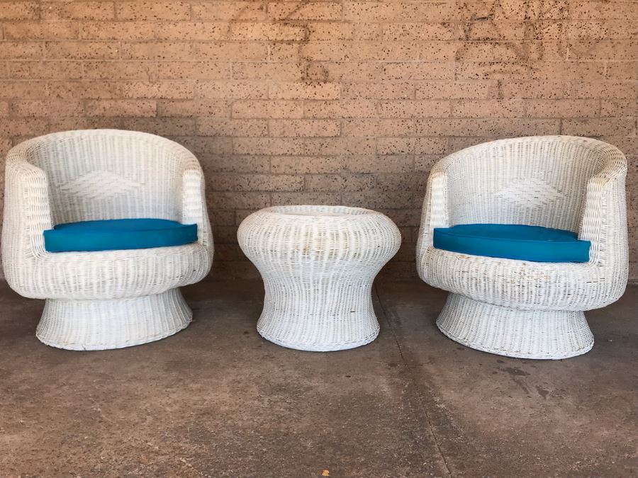 Pair Of Mid-Century White Wicker Barrel Chairs And Mushroom Table