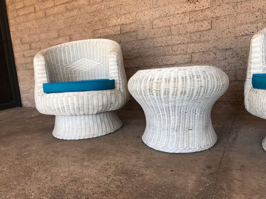 Pair Of Mid-Century White Wicker Barrel Chairs And Mushroom Table [Photo 15]