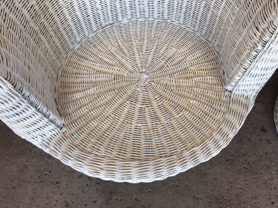 Pair Of Mid-Century White Wicker Barrel Chairs And Mushroom Table [Photo 7]