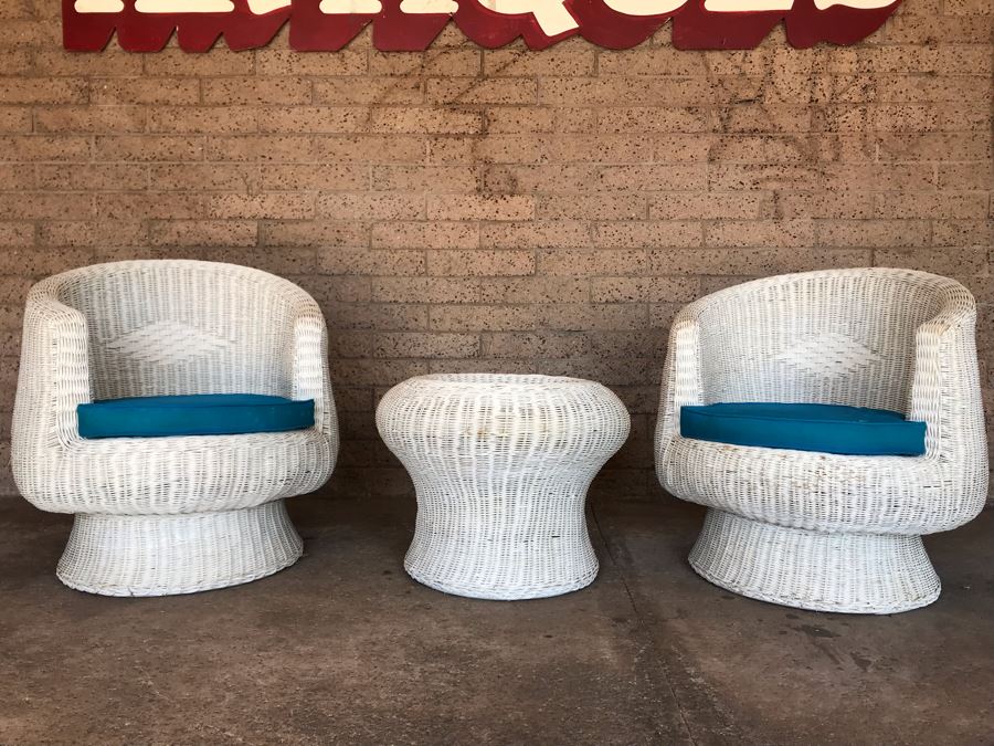 Pair Of Mid-Century White Wicker Barrel Chairs And Mushroom Table [Photo 12]