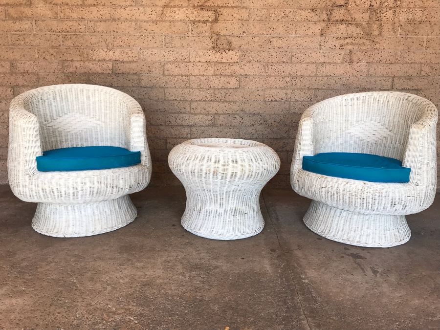 Pair Of Mid-Century White Wicker Barrel Chairs And Mushroom Table [Photo 13]