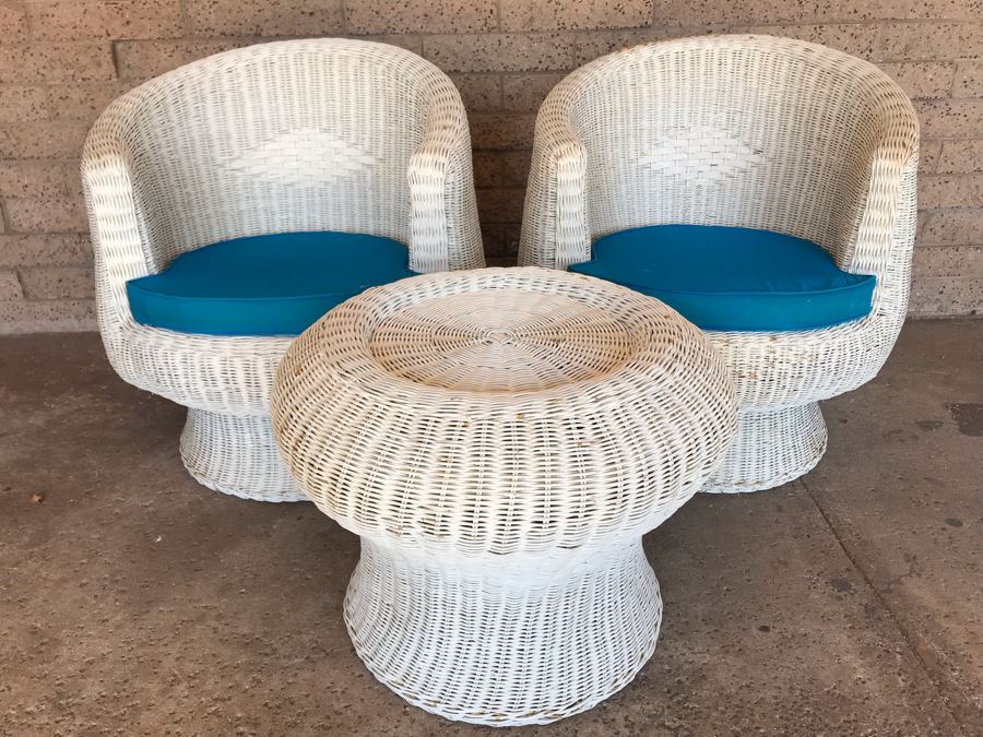 Pair Of Mid-Century White Wicker Barrel Chairs And Mushroom Table [Photo 10]