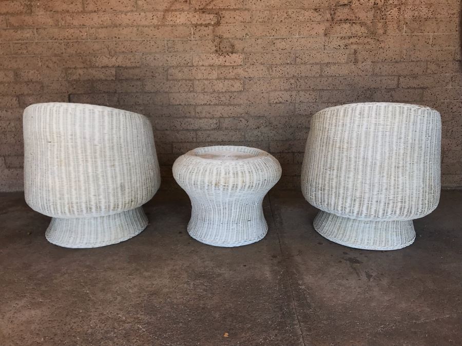 Pair Of Mid-Century White Wicker Barrel Chairs And Mushroom Table [Photo 16]