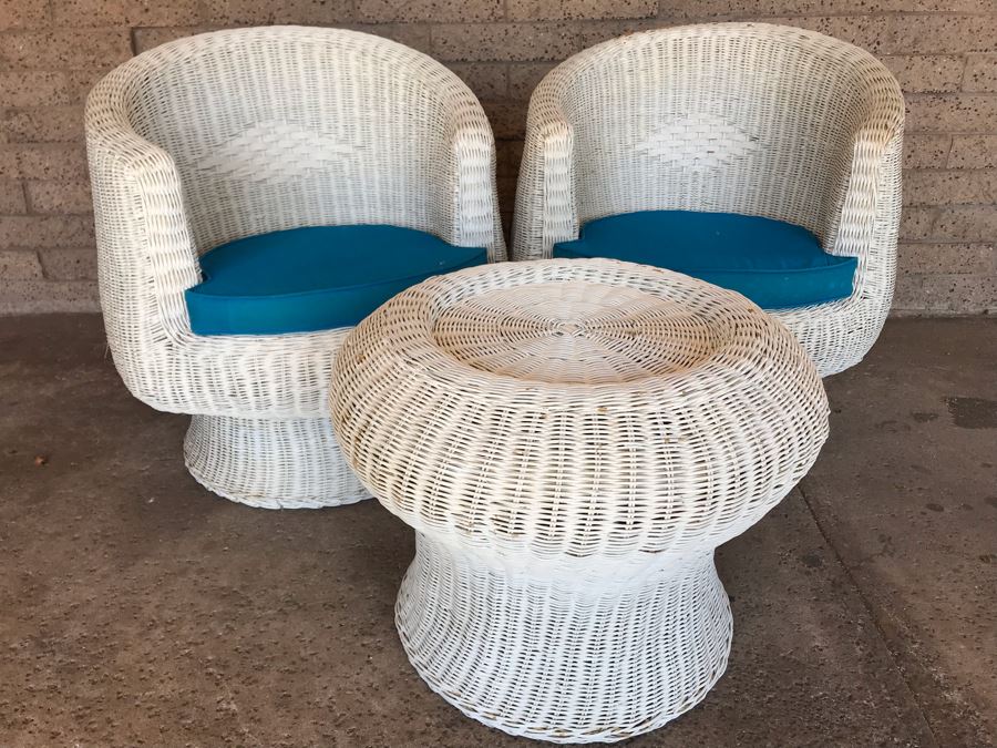 Pair Of Mid-Century White Wicker Barrel Chairs And Mushroom Table [Photo 9]