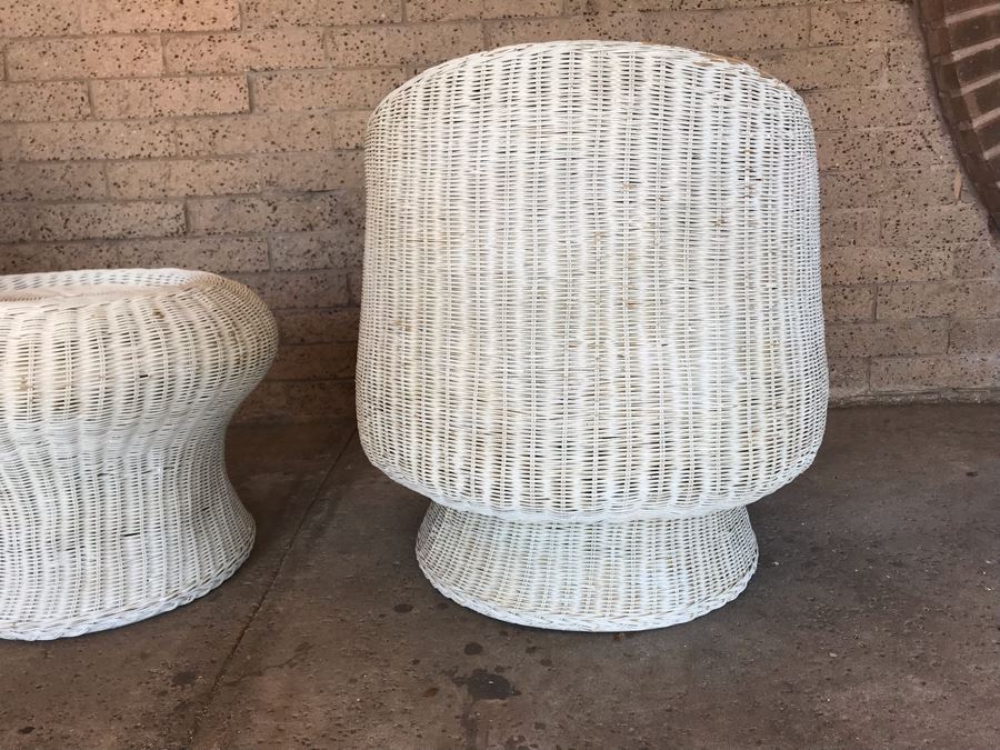 Pair Of Mid-Century White Wicker Barrel Chairs And Mushroom Table [Photo 2]