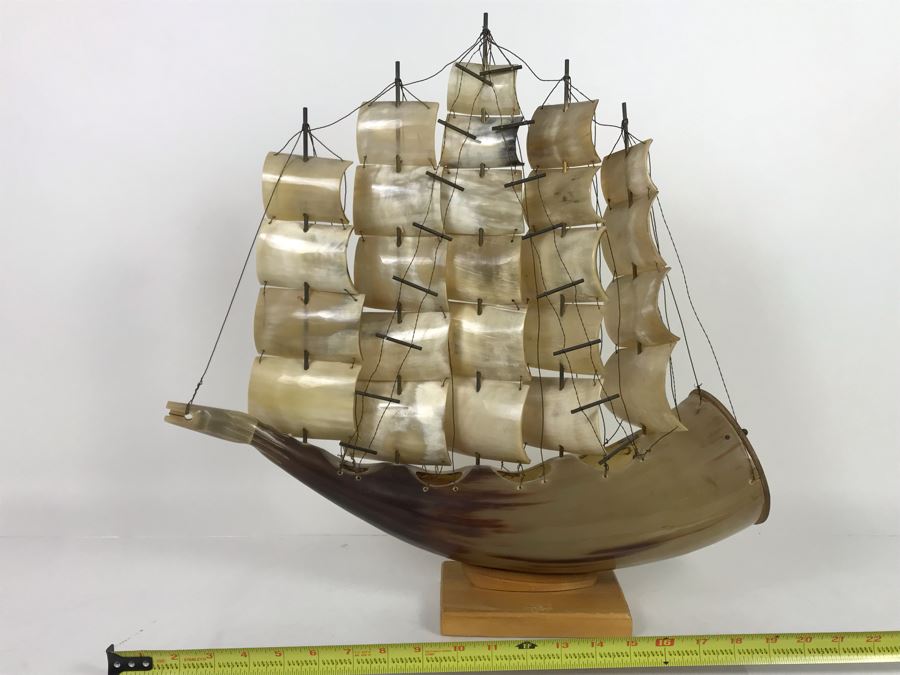 Large Vintage Horn Sailing Ship Sculpture 22W X 19.5H