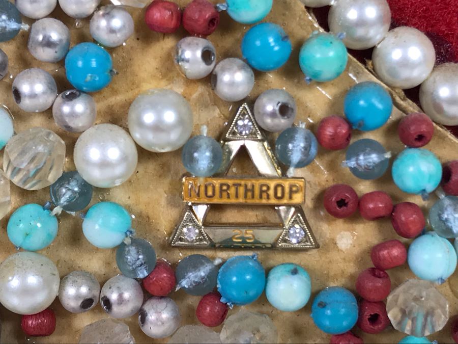 Framed Christmas Tree Vintage Costume Jewelry Collage Artwork Featuring Northrop 25 Year Pin (Probably Gold) 16 X 18 [Photo 4]