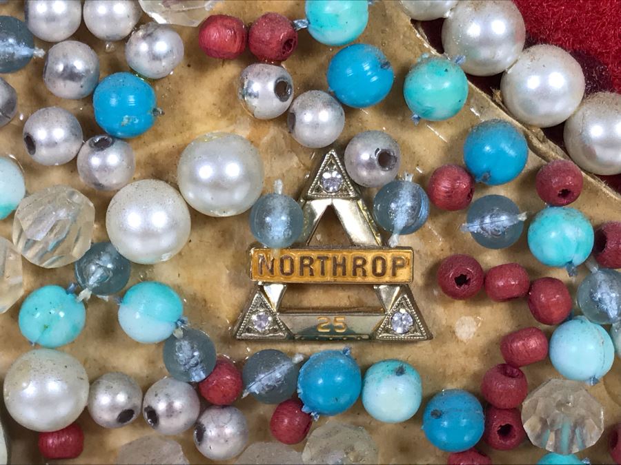 Framed Christmas Tree Vintage Costume Jewelry Collage Artwork Featuring Northrop 25 Year Pin (Probably Gold) 16 X 18 [Photo 5]