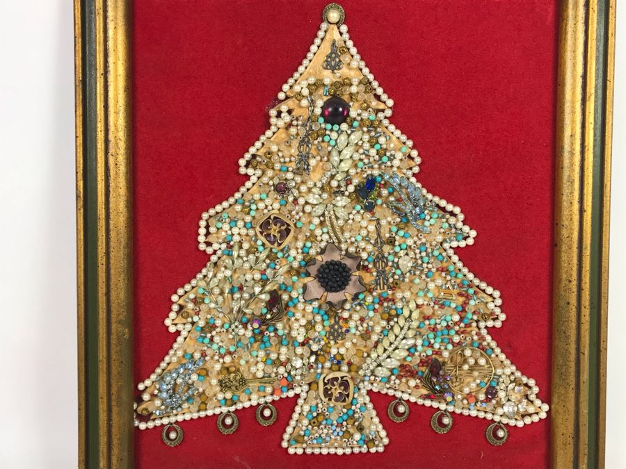 Framed Christmas Tree Vintage Costume Jewelry Collage Artwork Featuring Northrop 25 Year Pin (Probably Gold) 16 X 18 [Photo 2]