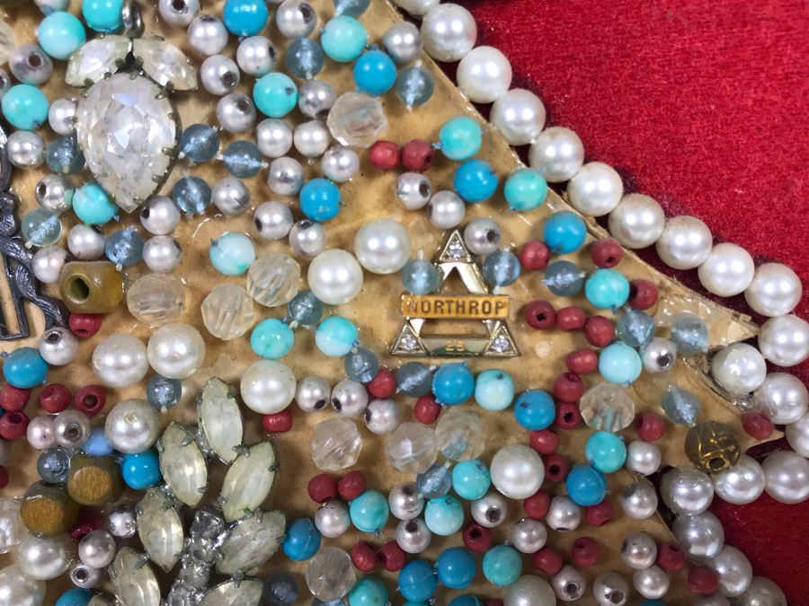 Framed Christmas Tree Vintage Costume Jewelry Collage Artwork Featuring Northrop 25 Year Pin (Probably Gold) 16 X 18 [Photo 3]