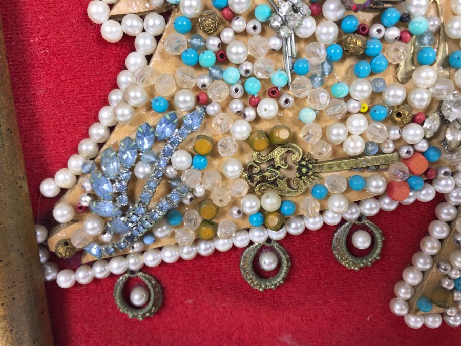 Framed Christmas Tree Vintage Costume Jewelry Collage Artwork Featuring Northrop 25 Year Pin (Probably Gold) 16 X 18 [Photo 9]