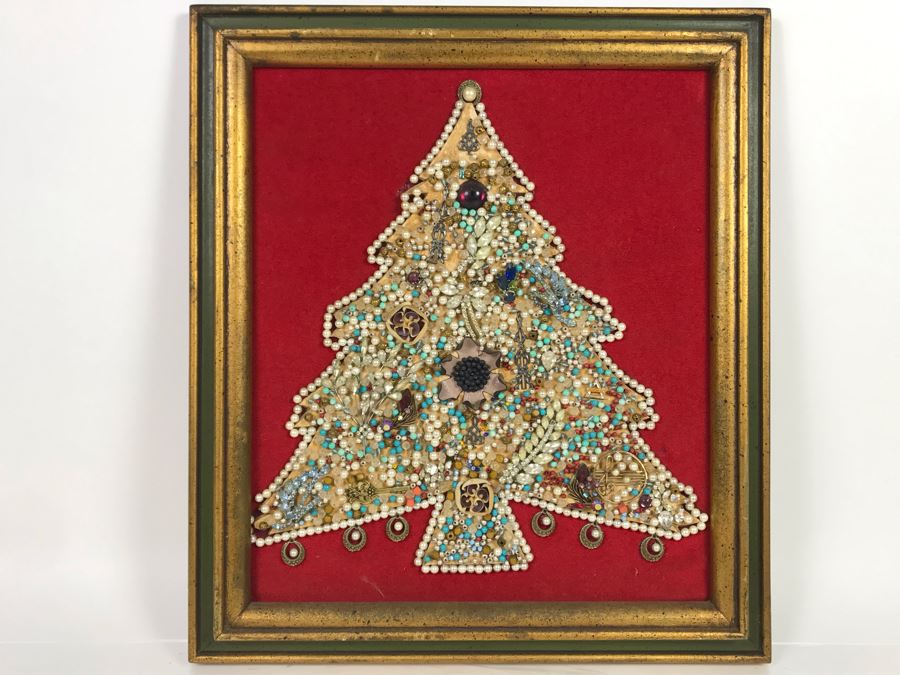 Framed Christmas Tree Vintage Costume Jewelry Collage Artwork Featuring Northrop 25 Year Pin (Probably Gold) 16 X 18 [Photo 1]