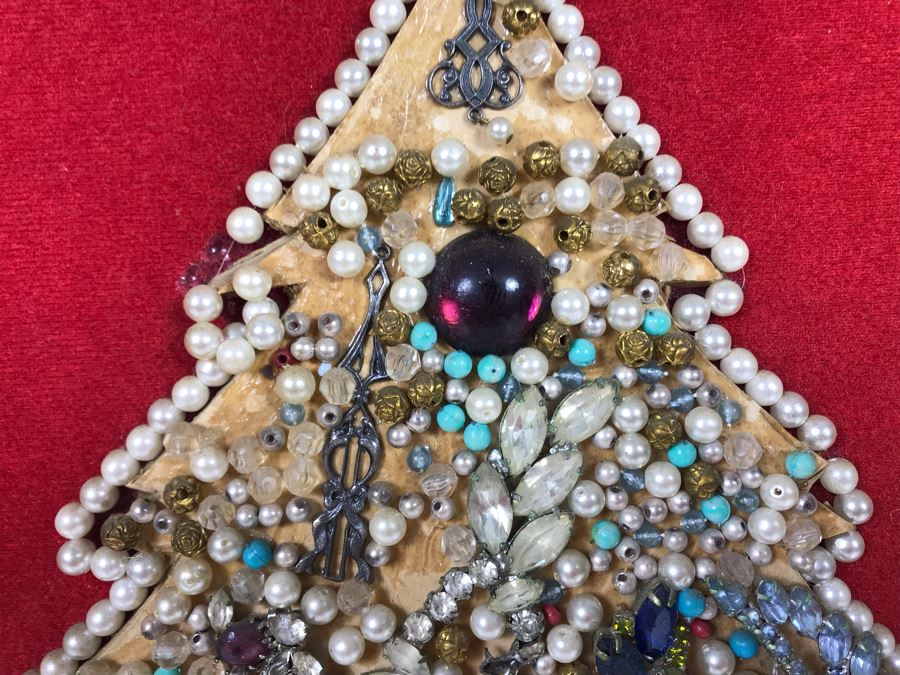 Framed Christmas Tree Vintage Costume Jewelry Collage Artwork Featuring Northrop 25 Year Pin (Probably Gold) 16 X 18 [Photo 7]