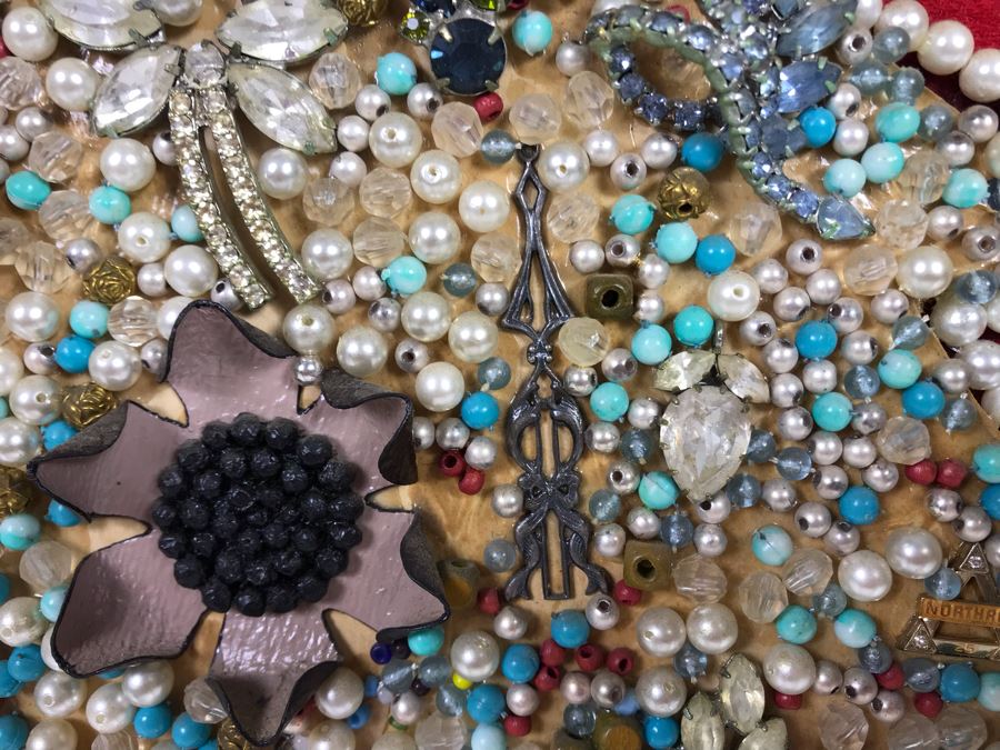 Framed Christmas Tree Vintage Costume Jewelry Collage Artwork Featuring Northrop 25 Year Pin (Probably Gold) 16 X 18 [Photo 6]