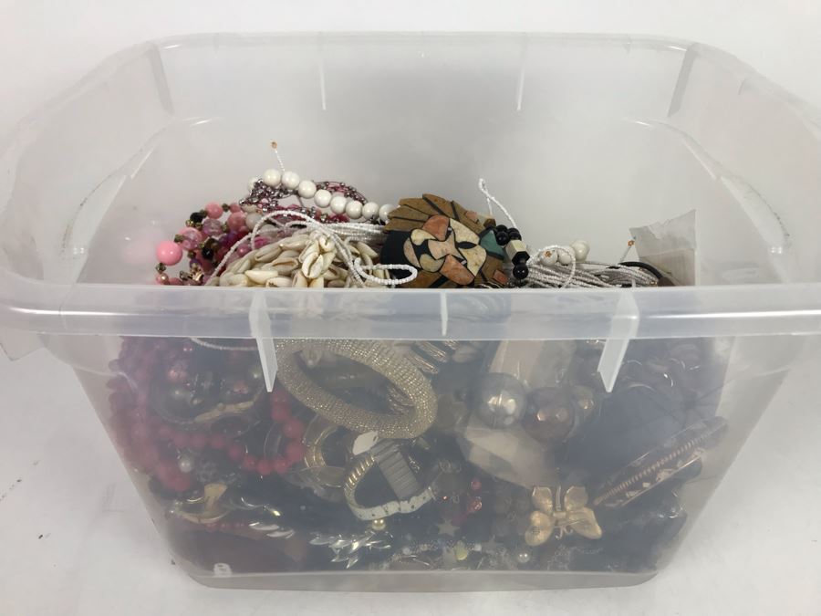 Plastic Bin Mixed Bag Of Costume Jewelry See Photos