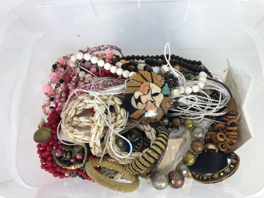 Plastic Bin Mixed Bag Of Costume Jewelry See Photos [Photo 3]
