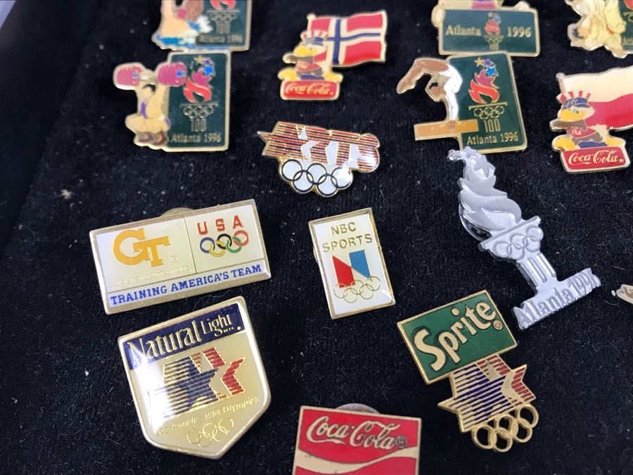 Collection Of Vintage Olympic Pins Advertising Coke With Black Tray [Photo 12]