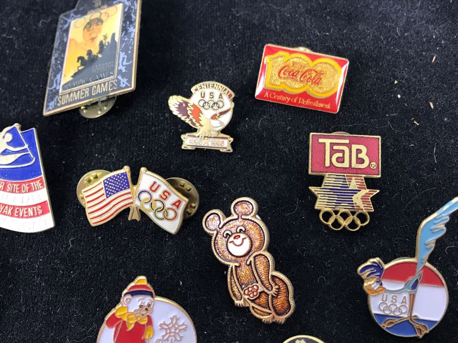 Collection Of Vintage Olympic Pins Advertising Coke With Black Tray [Photo 7]
