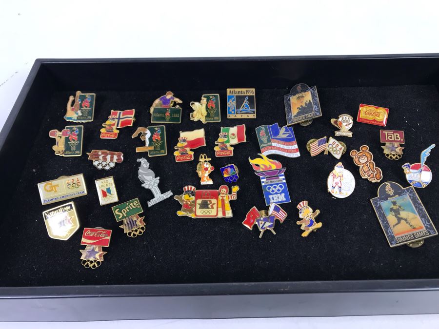 Collection Of Vintage Olympic Pins Advertising Coke With Black Tray [Photo 2]