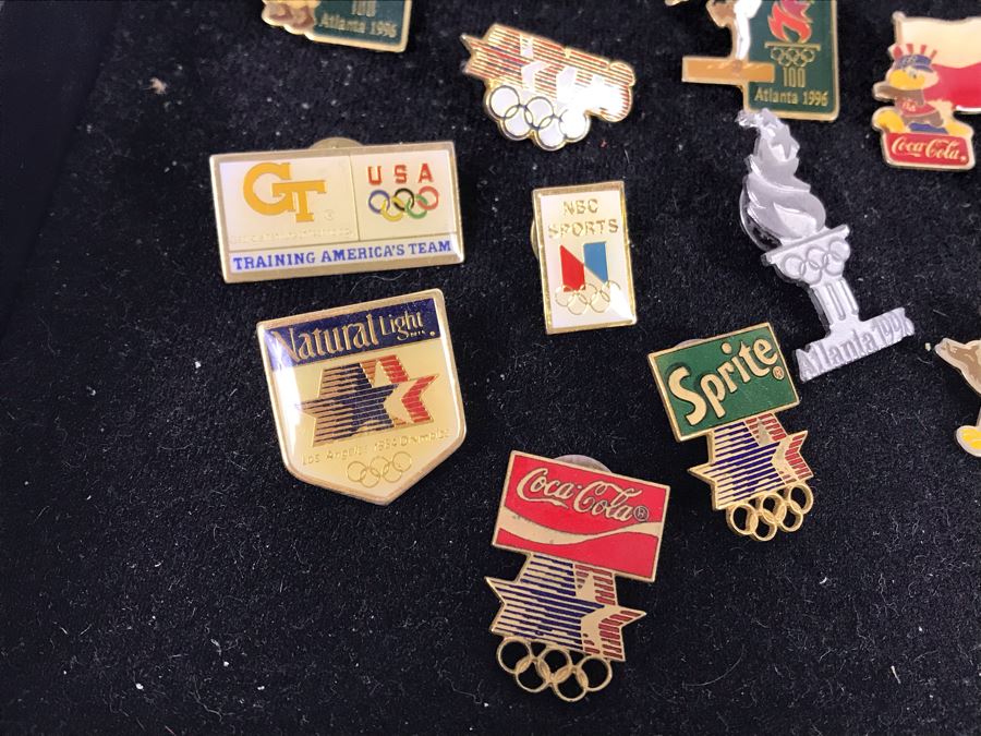 Collection Of Vintage Olympic Pins Advertising Coke With Black Tray [Photo 3]