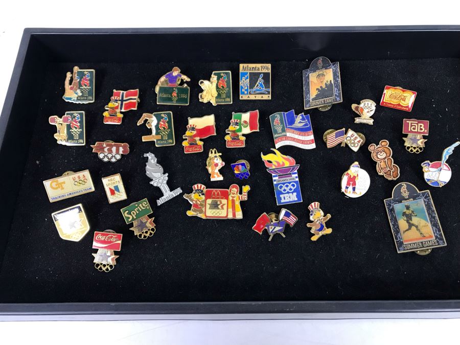 Collection Of Vintage Olympic Pins Advertising Coke With Black Tray [Photo 1]