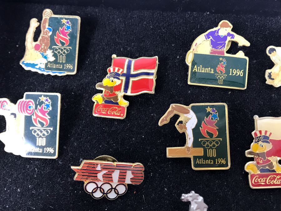 Collection Of Vintage Olympic Pins Advertising Coke With Black Tray [Photo 10]