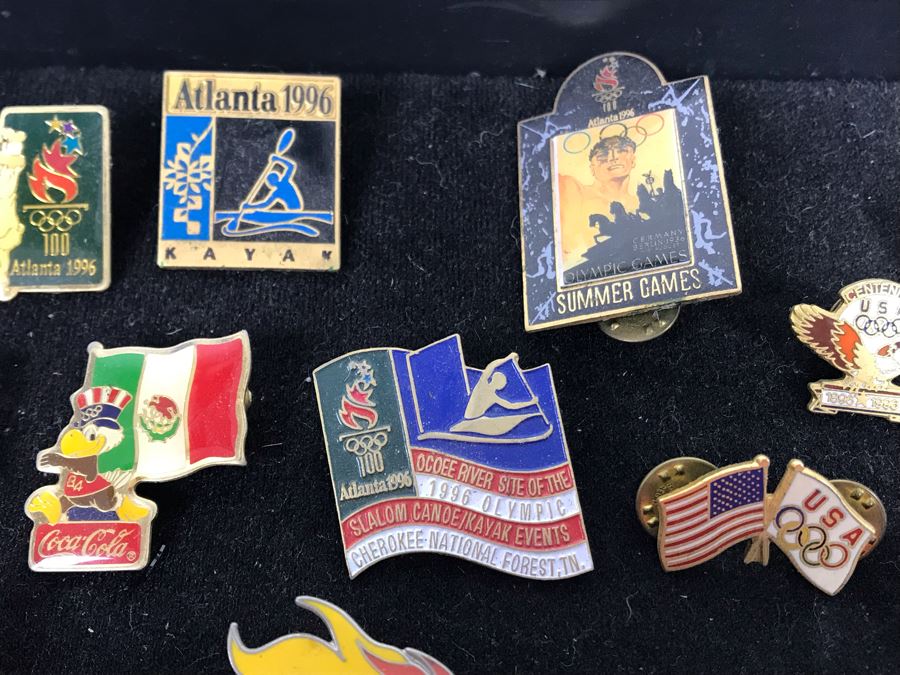 Collection Of Vintage Olympic Pins Advertising Coke With Black Tray [Photo 8]