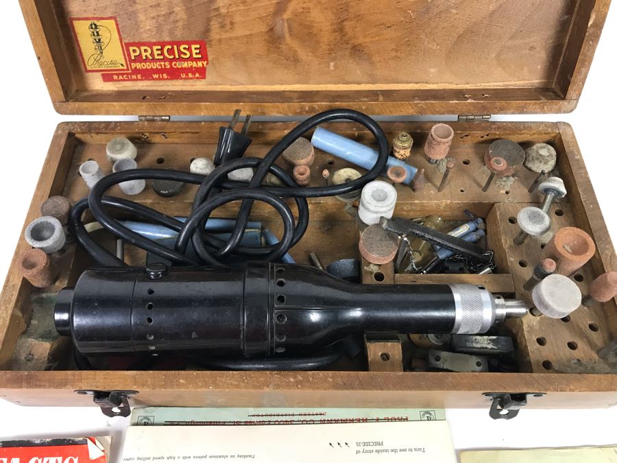 Vintage Precise Products Company Rotary Dremel Tool With Wooden Box, Manuals And Accessories [Photo 4]