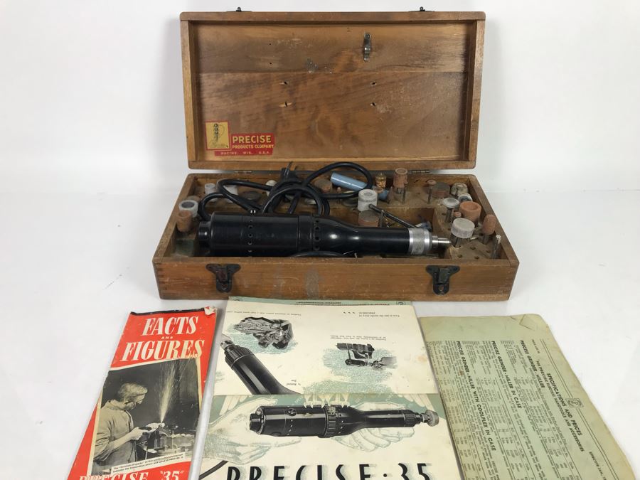 Vintage Precise Products Company Rotary Dremel Tool With Wooden Box, Manuals And Accessories [Photo 1]