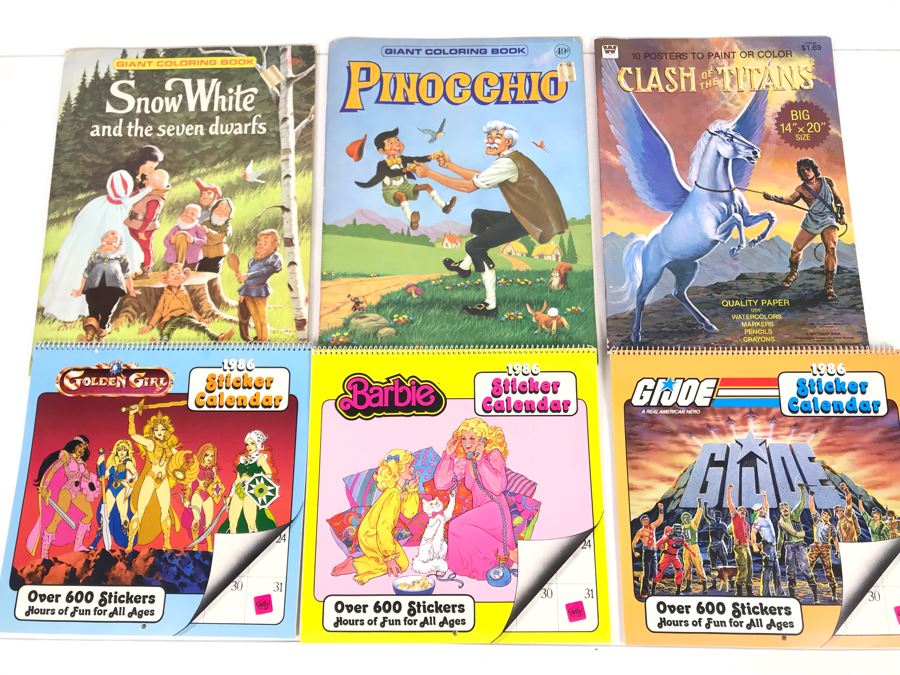 (3) New Old Stock Vintage Giant Coloring Books And (3) Sticker Calendars: Snow White, Pinocchio, Clash Of The Titans, Golden Girl, Barbie, G.I. Joe [Photo 2]