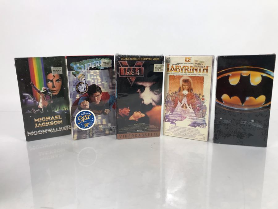 (5) Sealed Vintage VHS Movies: Michael Jackson Moonwalker, Superman, 1984, Labyrinth David Bowie, Batman