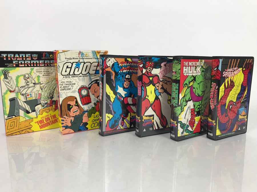 (6) Vintage VHS Movies Marvel Comics Hulk, Spider-Man, Captain America, G.I. Joe, Transformers