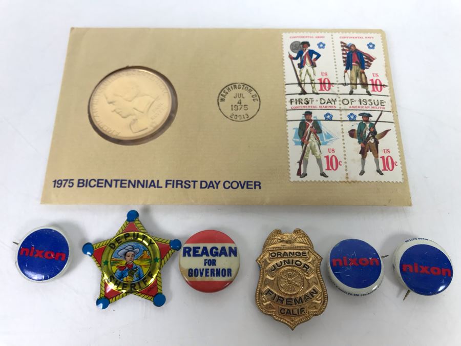 1975 Bicentennial First Day Cover And Various Buttons Pins