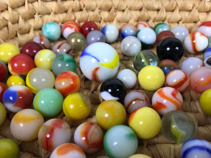 Basket Filled With Various Vintage Glass Marbles [Photo 4]