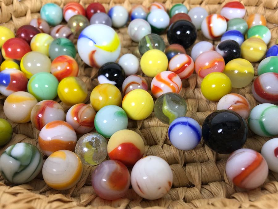 Basket Filled With Various Vintage Glass Marbles [Photo 5]