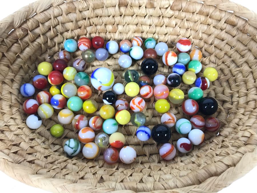 Basket Filled With Various Vintage Glass Marbles