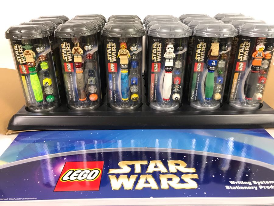 New LEGO Star Wars Collectible Pens With Store Display Merchandiser Yoda, Tusken Raider, Obi-Wan Kenobi, Stormtrooper, Paploo And Luke Skywalker - 24 Total Pens