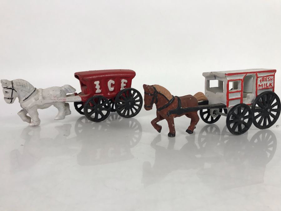Pair Of Cast Iron Toy Horse Drawn Ice And Fresh Milk Buggies [Photo 1]