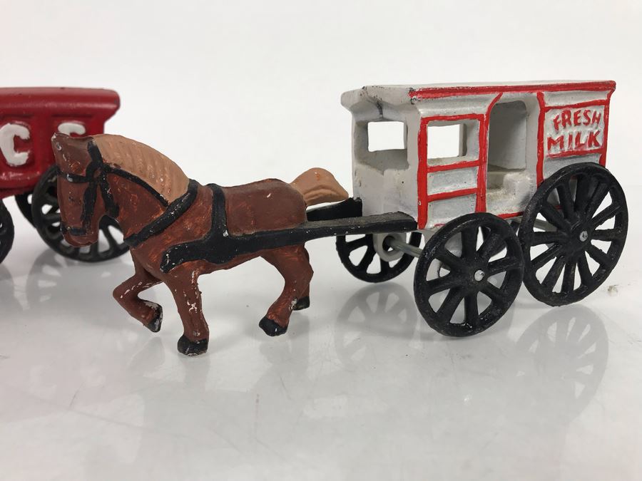 Pair Of Cast Iron Toy Horse Drawn Ice And Fresh Milk Buggies [Photo 2]