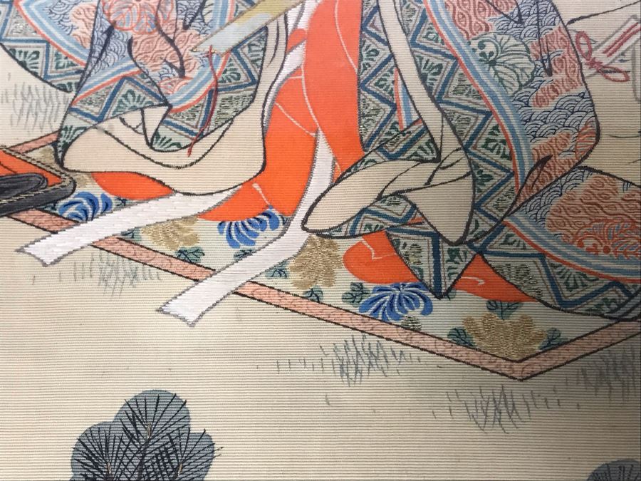 Stunning Original Antique Japanese Mixed Media Silk Painting With Embroidered Accents In Shadowbox Frame 26 X 32 [Photo 8]