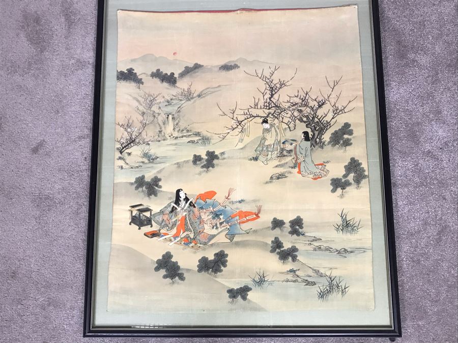 Stunning Original Antique Japanese Mixed Media Silk Painting With Embroidered Accents In Shadowbox Frame 26 X 32 [Photo 1]