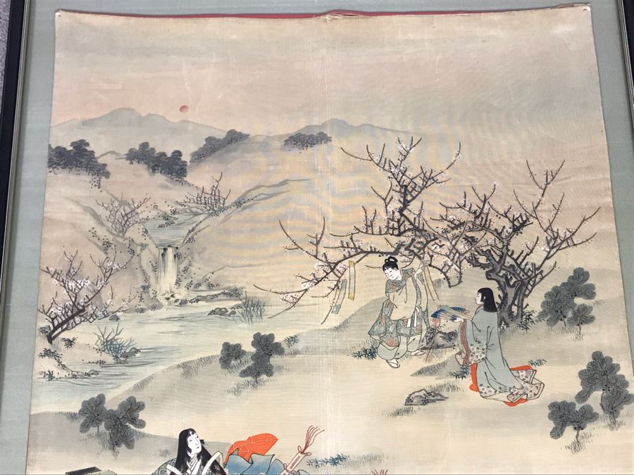 Stunning Original Antique Japanese Mixed Media Silk Painting With Embroidered Accents In Shadowbox Frame 26 X 32 [Photo 3]