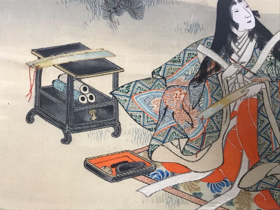 Stunning Original Antique Japanese Mixed Media Silk Painting With Embroidered Accents In Shadowbox Frame 26 X 32 [Photo 6]