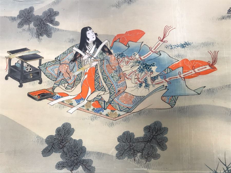 Stunning Original Antique Japanese Mixed Media Silk Painting With Embroidered Accents In Shadowbox Frame 26 X 32 [Photo 5]