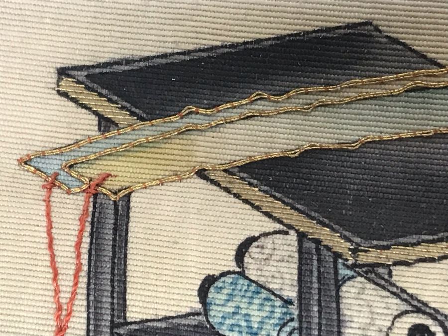 Stunning Original Antique Japanese Mixed Media Silk Painting With Embroidered Accents In Shadowbox Frame 26 X 32 [Photo 20]